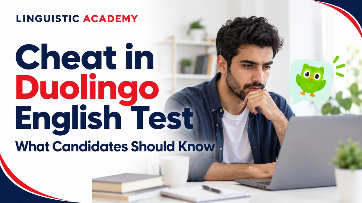 Applicant at a laptop reading an article about cheating in the Duolingo English Test