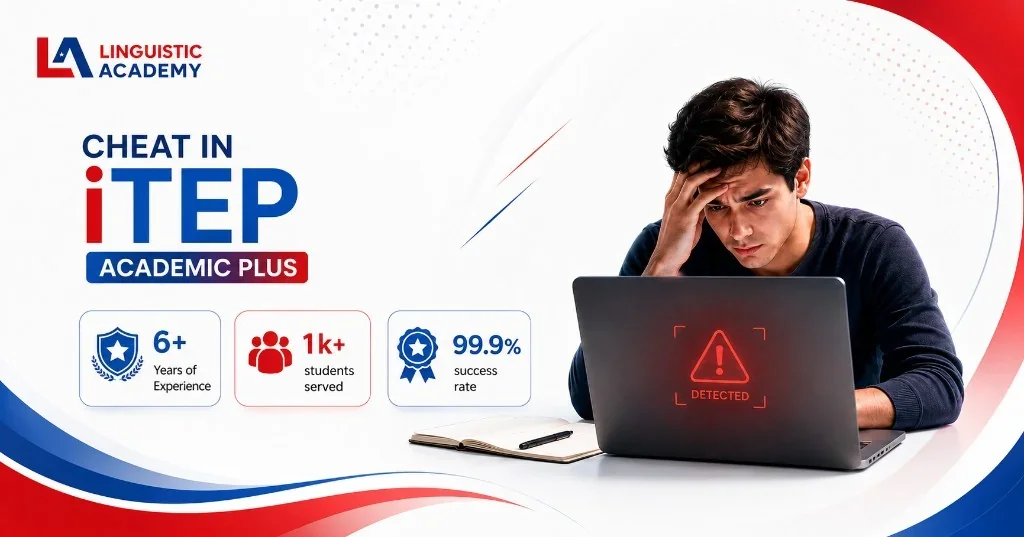 Student at a laptop taking iTEP Academic Plus at home, with Linguistic Academy exam-help branding