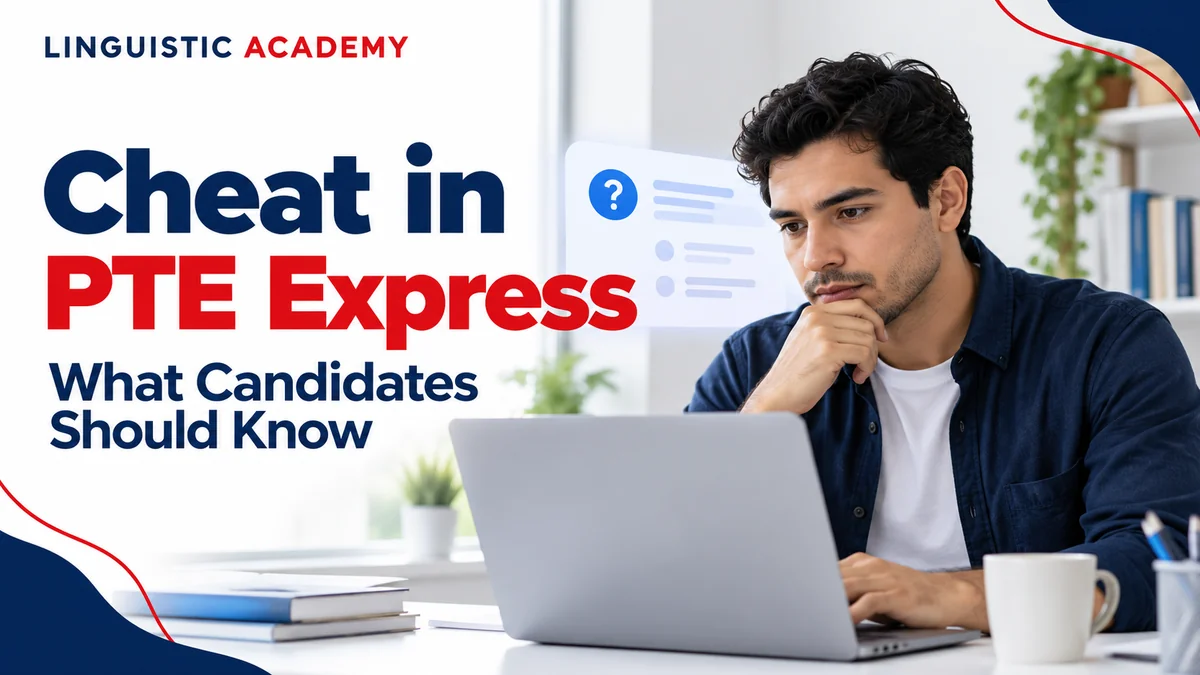 متقدم يجلس إلى مكتب ويقرأ عن الغش في PTE Express