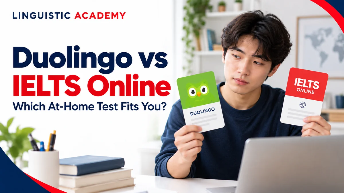 Student comparing Duolingo English Test and IELTS Online options