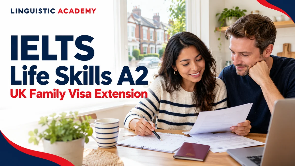 زوجان يراجعان تقويمًا ومستندات لتمديد تأشيرة عائلية للمملكة المتحدة يتطلب مستوى A2