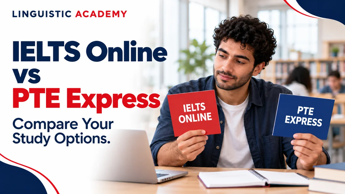طالب يقارن بين IELTS Online وPTE Express عند مكتب للدراسة