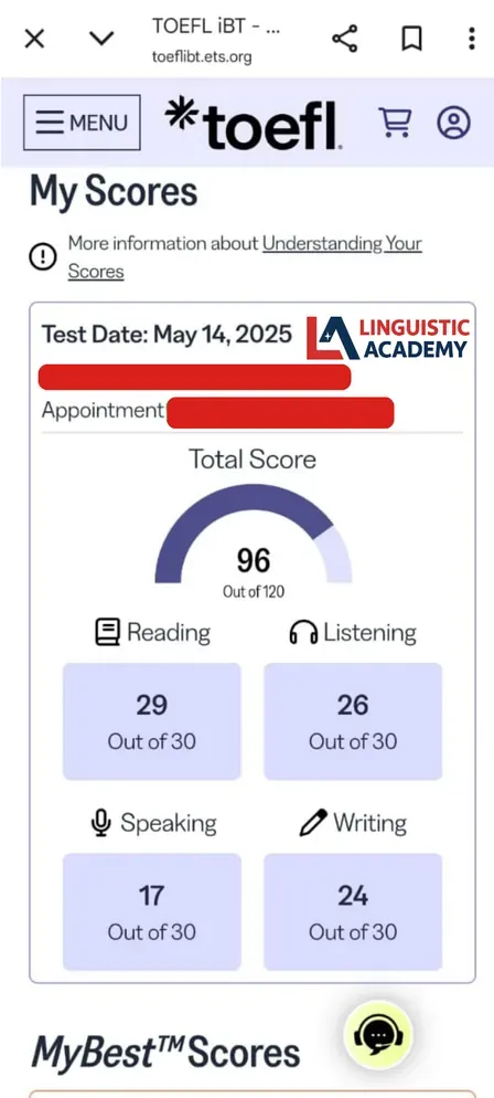 Cheat in TOEFL iBT Home Edition — score 96