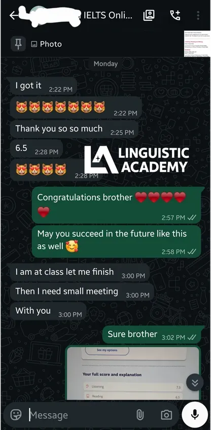 WhatsApp conversation showing Duolingo English Test score result from Linguistic Academy student