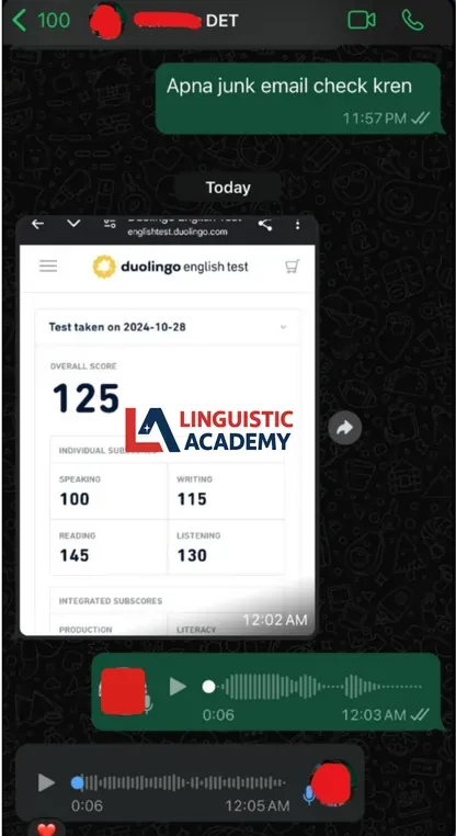 WhatsApp chat where Linguistic Academy confirms IELTS Online score delivery to student