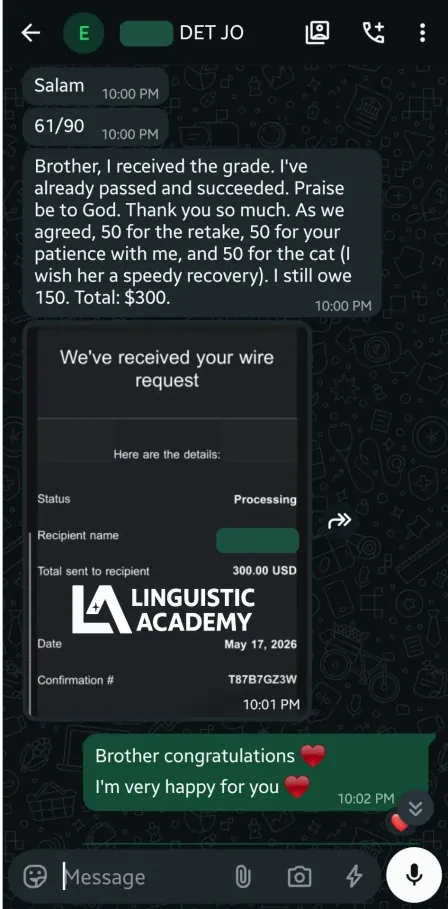 Linguistic Academy WhatsApp chat confirming successful exam score delivery to student