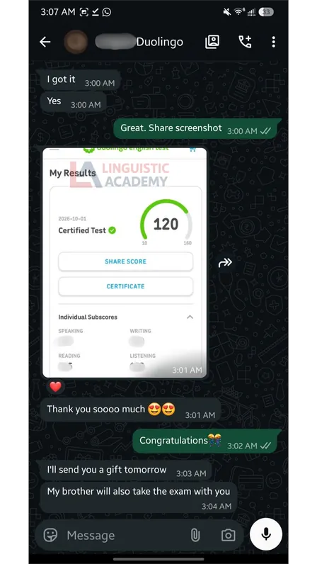 WhatsApp conversation showing a certified Duolingo English Test score of 120 and a thank-you message