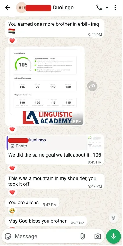 WhatsApp screenshot of IELTS Online score report from Linguistic Academy client