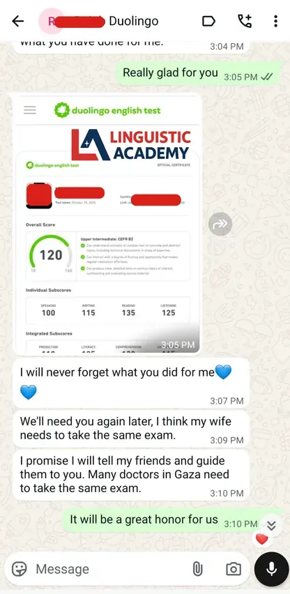 Linguistic Academy WhatsApp conversation showing certified English test score confirmation
