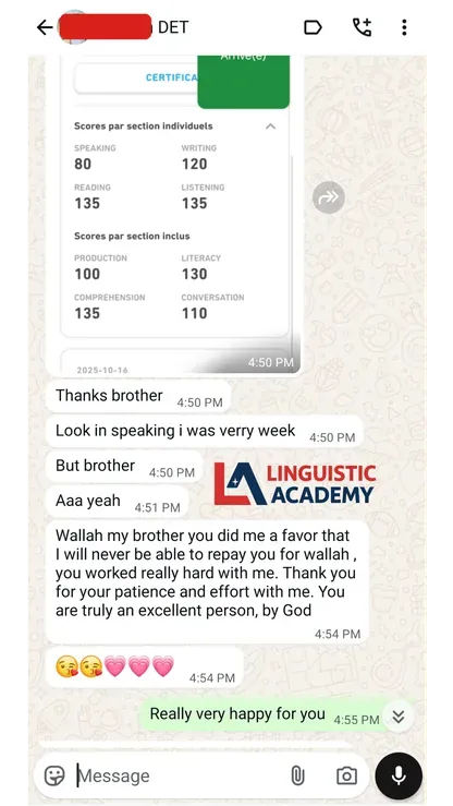 Student WhatsApp conversation with Linguistic Academy showing exam help process and score